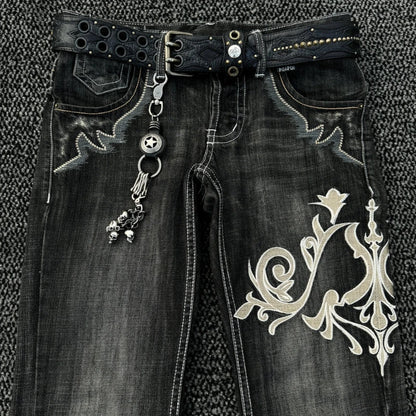 HOUZHOU Vintage Embroidery Patchwork Women Flared Jeans Y2k Harajuku Wide Leg American Style Denim Pants Baggy Punk Streetwear