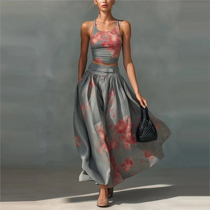 Bohemian Style Print Skirt Two Piece Set Women Sexy Cropped Top High Waist A-line Skirts 2 Piece Sets Casual Vacation Lady Suits