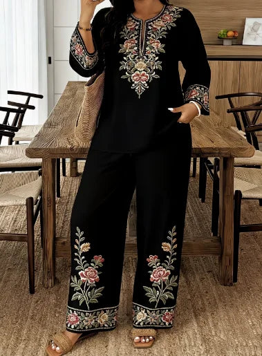 Two Piece Set Women Outfit 2026 Spring Autumn New Floral Print Round Neck Long Sleeve Loose Top & High Waist Casual Pants Set