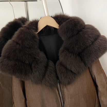 OFTBUY Winter Voluminous Fox Fur Collar Coat Women Zipper Duck Down Jacket Female Relaxed Short Down Coat Warm Outerwear