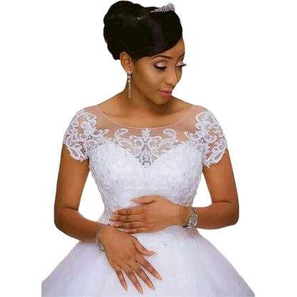 Vintage Lace Appliques African Beading Wedding Dresses Short Sleeves Vestido De Noiva Robe De Mariee Bride Dresses Bridal Gowns