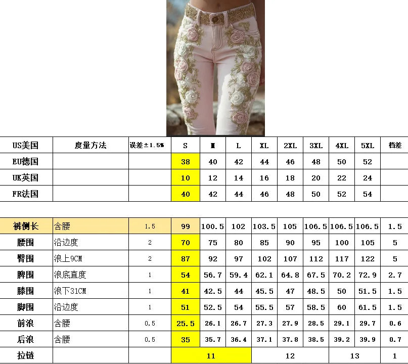 Women's pants 2025 women's retro pink rose embroidery art print jeans with elegant temperament