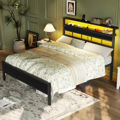 Full Bed Frame & Wood Storage Headboard,LED Light & Charging Station,2-Tier Shelves,Metal Platform,Bedroom,Full, Custom