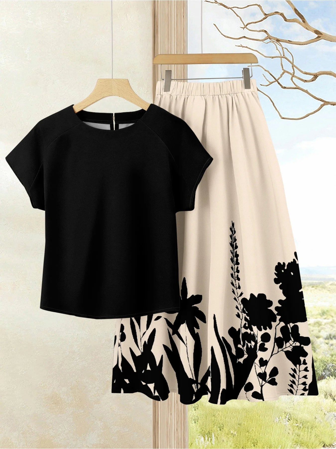 Summer Women's Plus Size Fashionable Loose Black Simple Top, Plant Printed Half Skirt Two-Piece Set, Large Swing Skirt Set