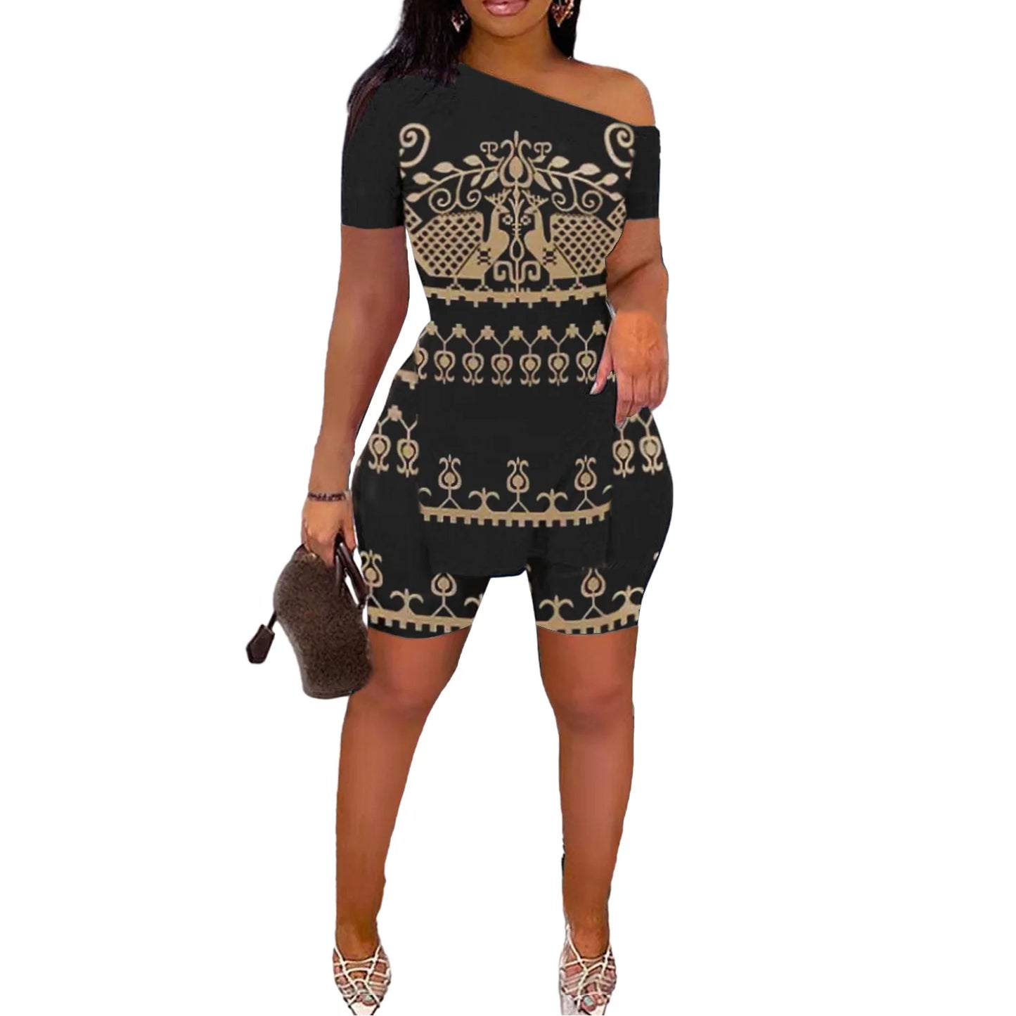 Print Two Piece Shorts Sets Women Skew Collar Short Sleeve Shirts Side Split Tops Pullover Elastic Waist Trousers Summer 2025