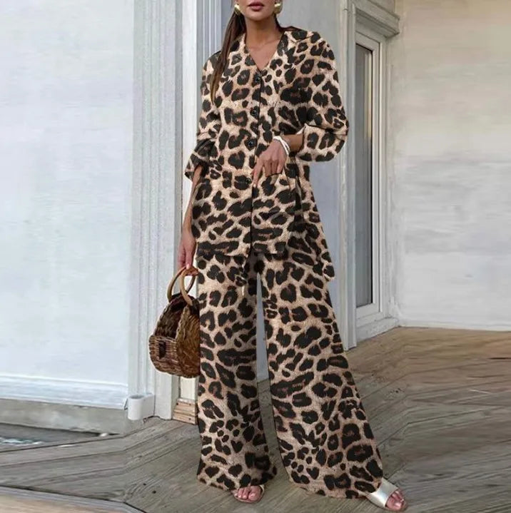Autumn Fashion Leopard Print Women's Suit Two-piece Retro Street Print Casual Loose Long-sleeved V-neck Top Wide-leg Pants Suit