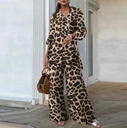 Autumn Fashion Leopard Print Women's Suit Two-piece Retro Street Print Casual Loose Long-sleeved V-neck Top Wide-leg Pants Suit