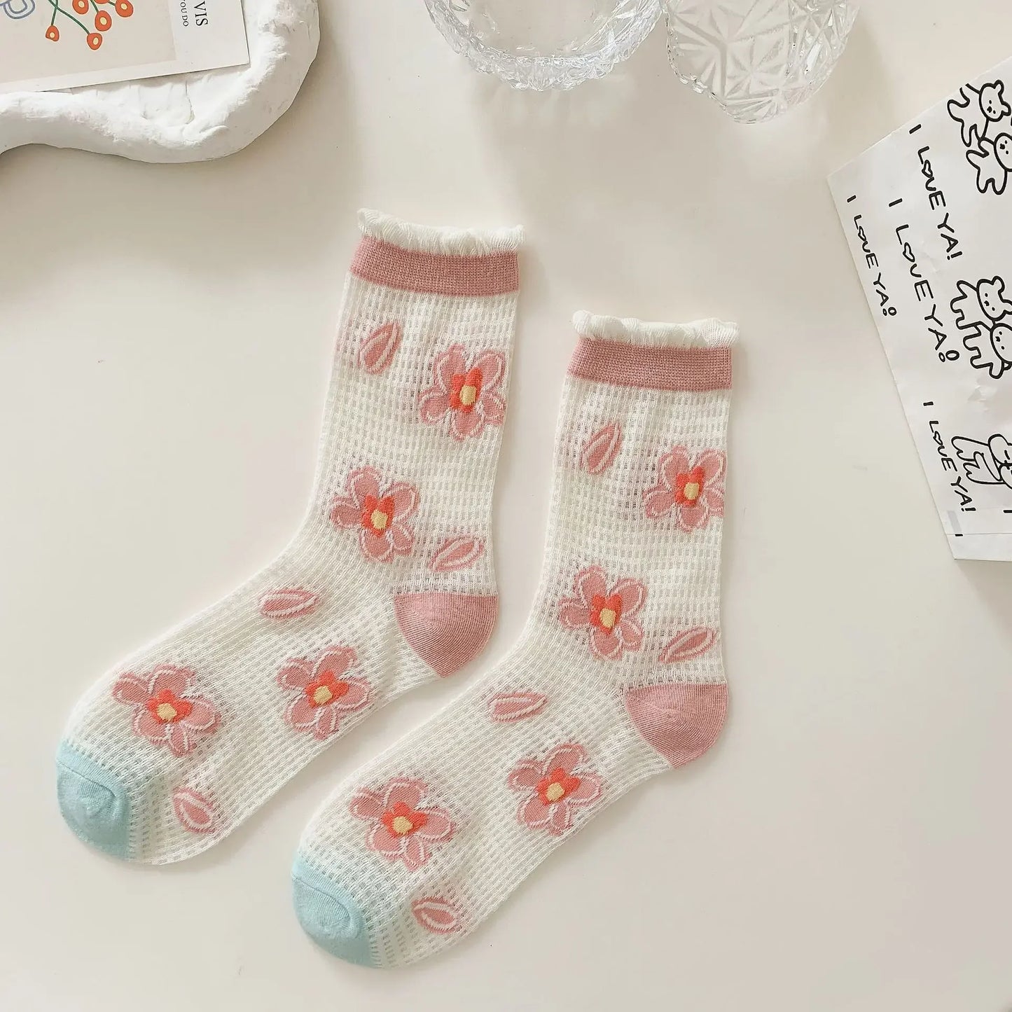 Transparent Crystal Silk Socks Women Fashion Ultra-thin Summer Harajuku Crew Socks Flower Streetwear Elastic Long Mesh Socks