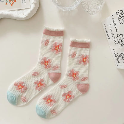 Transparent Crystal Silk Socks Women Fashion Ultra-thin Summer Harajuku Crew Socks Flower Streetwear Elastic Long Mesh Socks