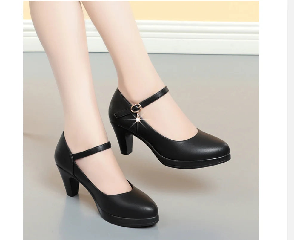 Fashion Soft Leather Silver Red Wedding Shoes Women Mid heel Black Heels Platform Pumps Women for Office high heels Shoes Large