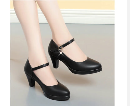 Fashion Soft Leather Silver Red Wedding Shoes Women Mid heel Black Heels Platform Pumps Women for Office high heels Shoes Large