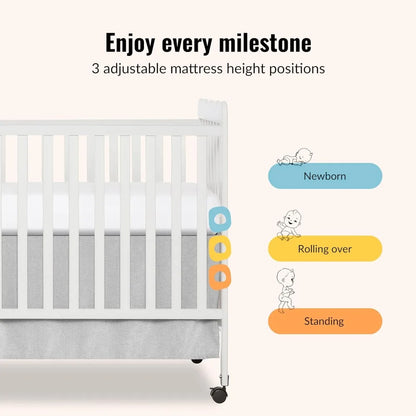 White 3-in-1 Convertible Baby Crib with 4 Height Adjustments, Toddler Bed Conversion & Locking Wheels