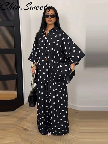2026 Autumn Summer Polka Dot Shirt Pants Women Set Elegant Lapel Three Quarter Top Wide Leg Trousers Vacation Lady Outfit Suits