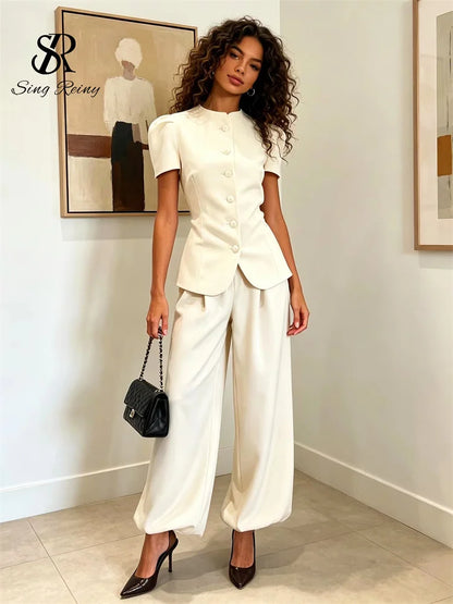 SINGREINY Women Pant Set Two Piece Sets Round Neck Short Sleeve Coats Tops+Wide Leg Long Pants Y2k Streetwear Elegant 2026 Suits