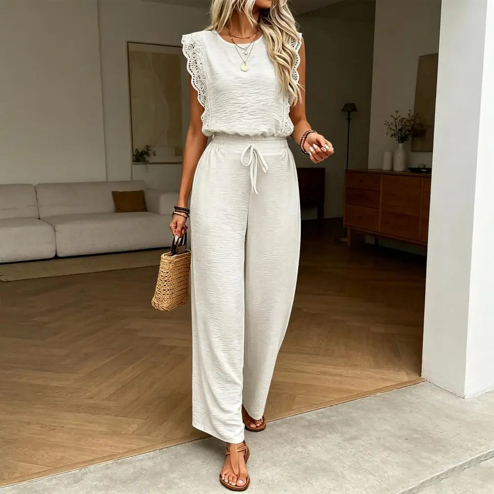 Crew Neck Top And Wide Leg Pants Set Fashionable Womens Summer Lounge Set Street Style Matching Outfit Relaxed Fit Vacation Suit