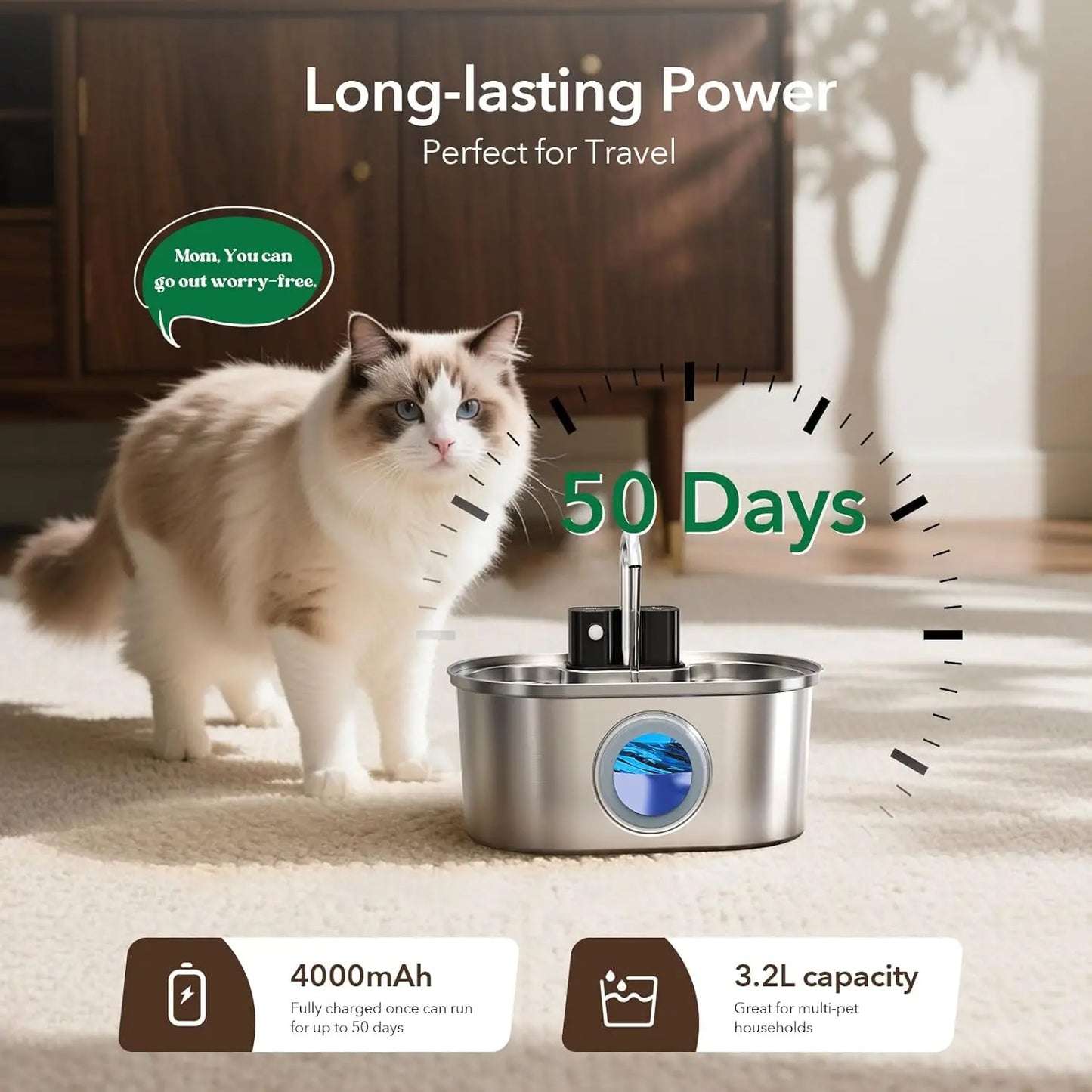 3L Stainless Steel Wireless Recharging Sensor Cat Water Fountain Auto Drinking Fountain For Cats Dog Drinker Pet Dispenser Bowl