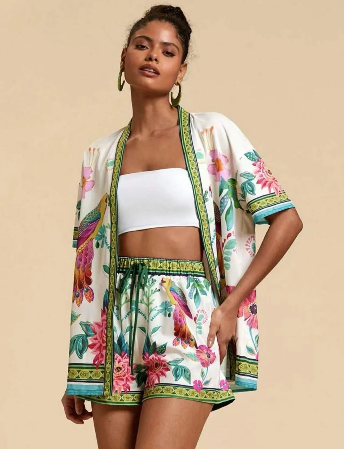 Summer Women's Suit With Crop Top Printed Drawstring Waist Shorts Floral Print Blue Base Green Trim Casual Shorts
