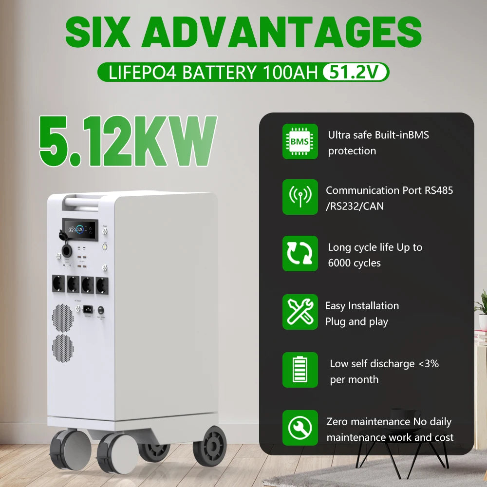 Portable Power Station 5000W LiFePO4 48V 100Ah 5Kwh 6000W MPPT Inverter With Light 18W-USB EU AC Input/Output PV Input EU STOCK
