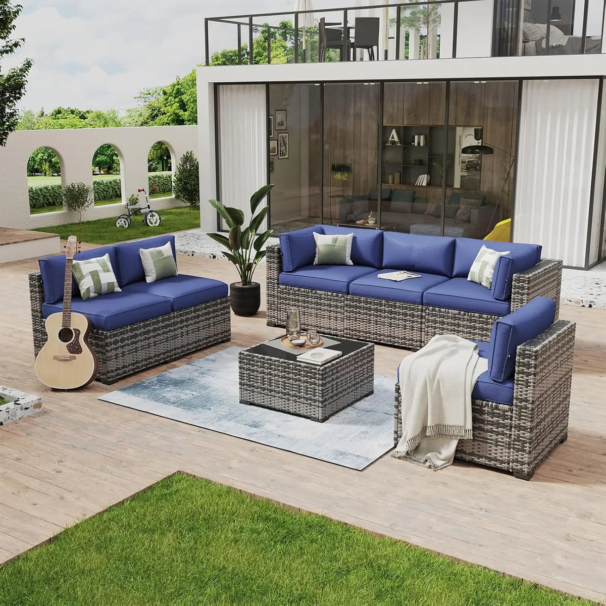 7 Piece Patio Furniture Set Wicker Rattan Patio Conversation Set Outdoor Sectional Sofa Set with Coffee Table and, Customized