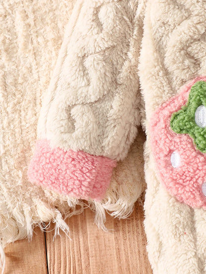 Baby Thick Double-Sided Fleece Doll Collar Romper Set Sweet 3D Strawberry Pocket Cable Knit Romper + Matching Warm Hat Soft and Warm for Winter Outings