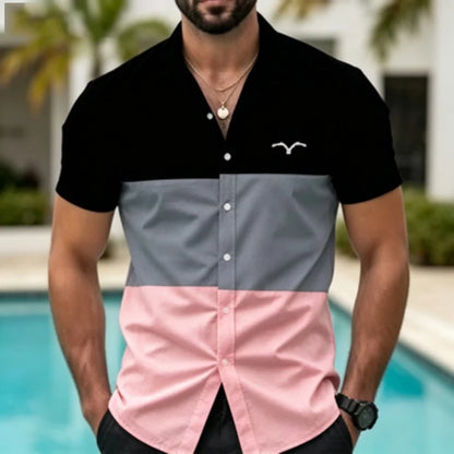 Men's short sleeved shirt with contrasting color splicing, geometric color block printed collar shirt, European and American str