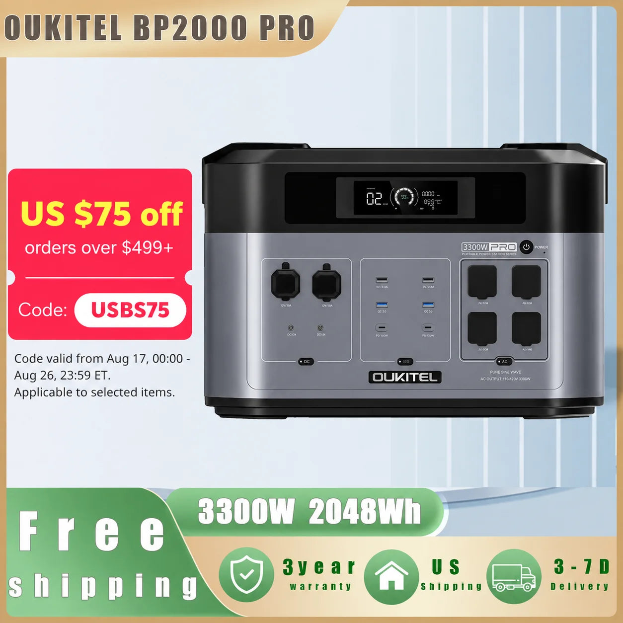 OUKITEL BP2000 Pro Portable Power Station 3300W Solar Generator 2048Wh Lifepo4 Battery Home Backup Outdoor Camping Mobile Power