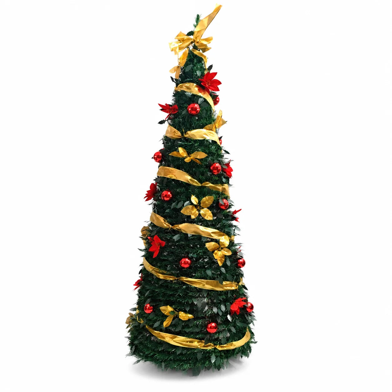 Green PVC Christmas Tree 1.5/1.8/2.1M Pre-Decorated Bow Topper Flowers,Foldable Xmas Tree Optional USB Lights Holiday Home Decor