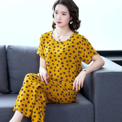 Women Summer Sets NEW Middle Aged Elderly Mother Cotton Silk Suit Casual Print Short Sleeve Top + Pants 2 Piece Set Femme Outfit