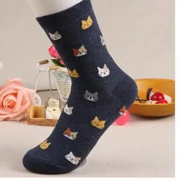Cute Cartoon Cat Print Women Socks Sweet Cute Japanese Style Kawaii Long Socks Casual Harajuku Streetwear Cotton Soft Crew Socks