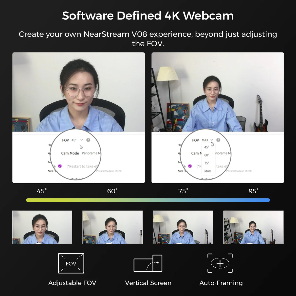 NearStream V08AF 4K UHD USB-C Webcam, AI Auto Framing, True Auto Focus, HNR Noise Cancelling Mic, 45–95° Adjustable FOV, Vertical Screen Support, NearSync Image Tuning, Plug & Play PC Camera for Meetings & Live Streaming