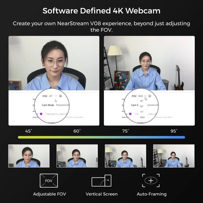 NearStream V08AF 4K UHD USB-C Webcam, AI Auto Framing, True Auto Focus, HNR Noise Cancelling Mic, 45–95° Adjustable FOV, Vertical Screen Support, NearSync Image Tuning, Plug & Play PC Camera for Meetings & Live Streaming