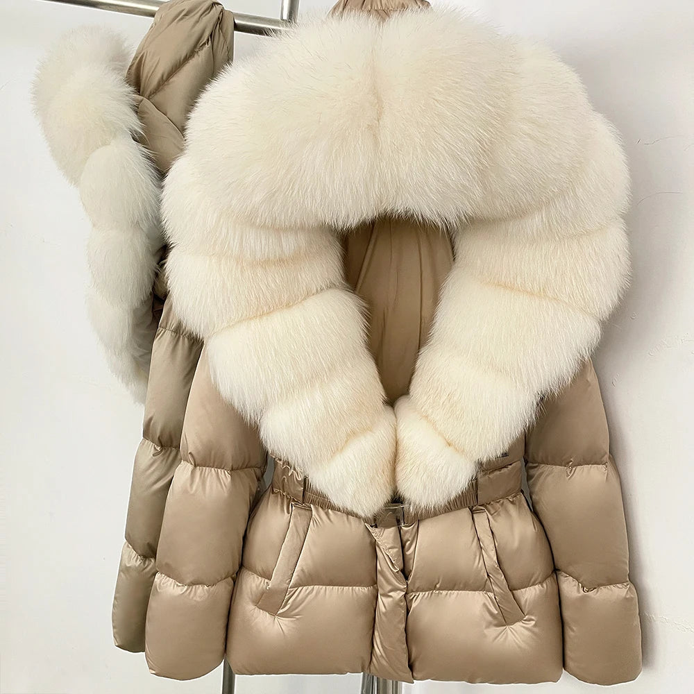 OFTBUY New Fashion Winter Clothes Women Duck Down Coat with Big Natural Fur Collar Belt Hooded Real Fox Fur Puffer Jacket Female