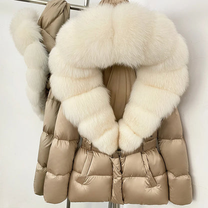 OFTBUY New Fashion Winter Clothes Women Duck Down Coat with Big Natural Fur Collar Belt Hooded Real Fox Fur Puffer Jacket Female
