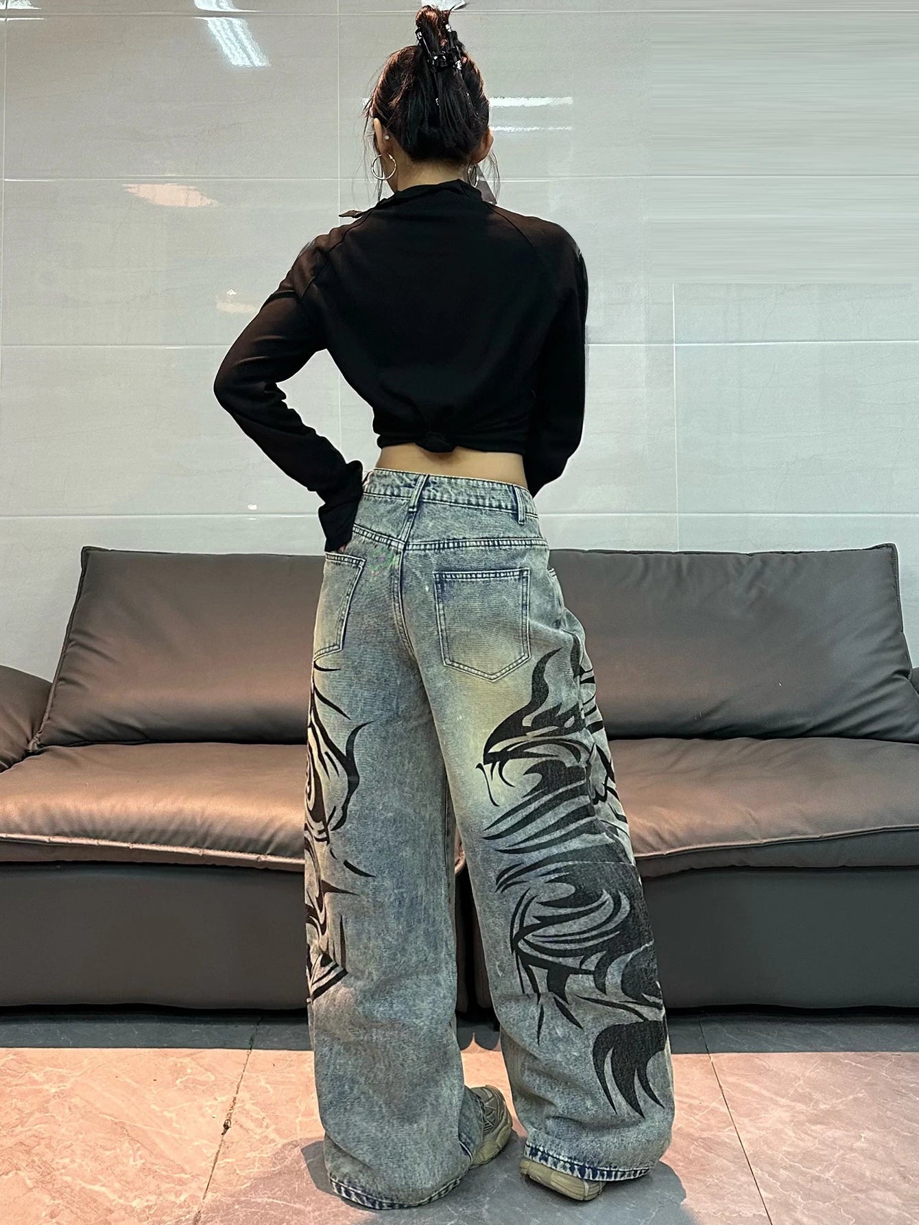 American-Style Vintage Washed Distressed Totem Print Loose Jeans, Street Fashion Trendy Versatile High-Waist Wide-Leg Pants For Women