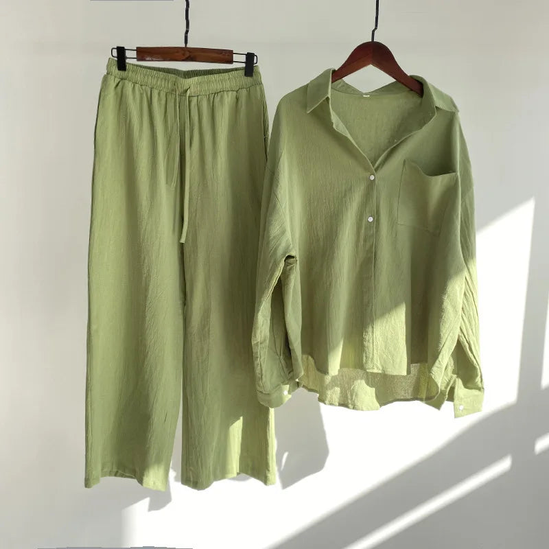 Cotton And Linen Solid Color Pant Sets Women Single-breasted Shirts And Drawstring Loose Wide Legs Trousers Two Piece Set Casual
