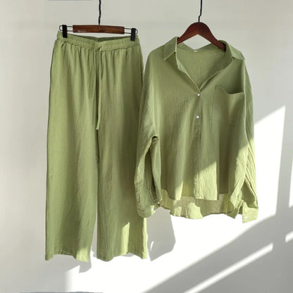 Cotton And Linen Solid Color Pant Sets Women Single-breasted Shirts And Drawstring Loose Wide Legs Trousers Two Piece Set Casual