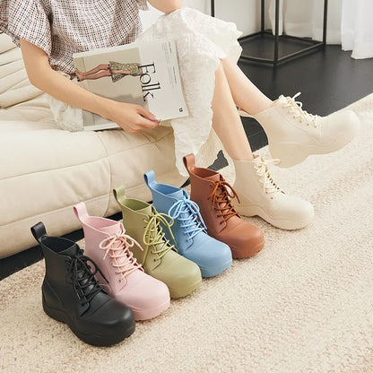 New Thick Sole Outdoor Rain Boots Women's Lace Up Fashion Solid Color Short Sleeve Four Seasons Waterproof Rain Shoes 장화 레인부츠