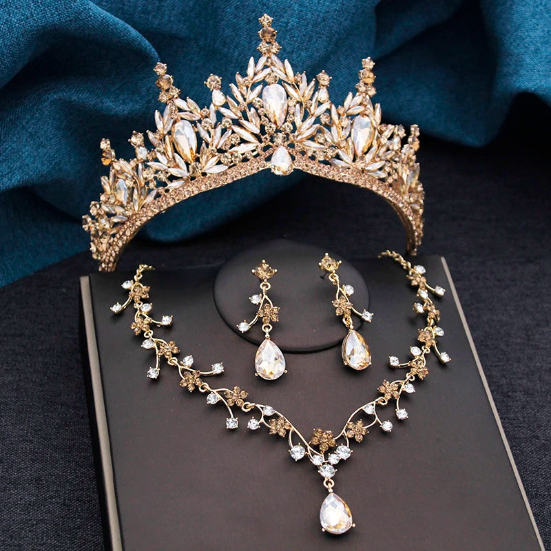 Baroque Wedding Crown for Bride 3-pack Tiara Earrings Necklace Bridal Jewelry Set Champagne Crystal Costume Party Birthday Gift