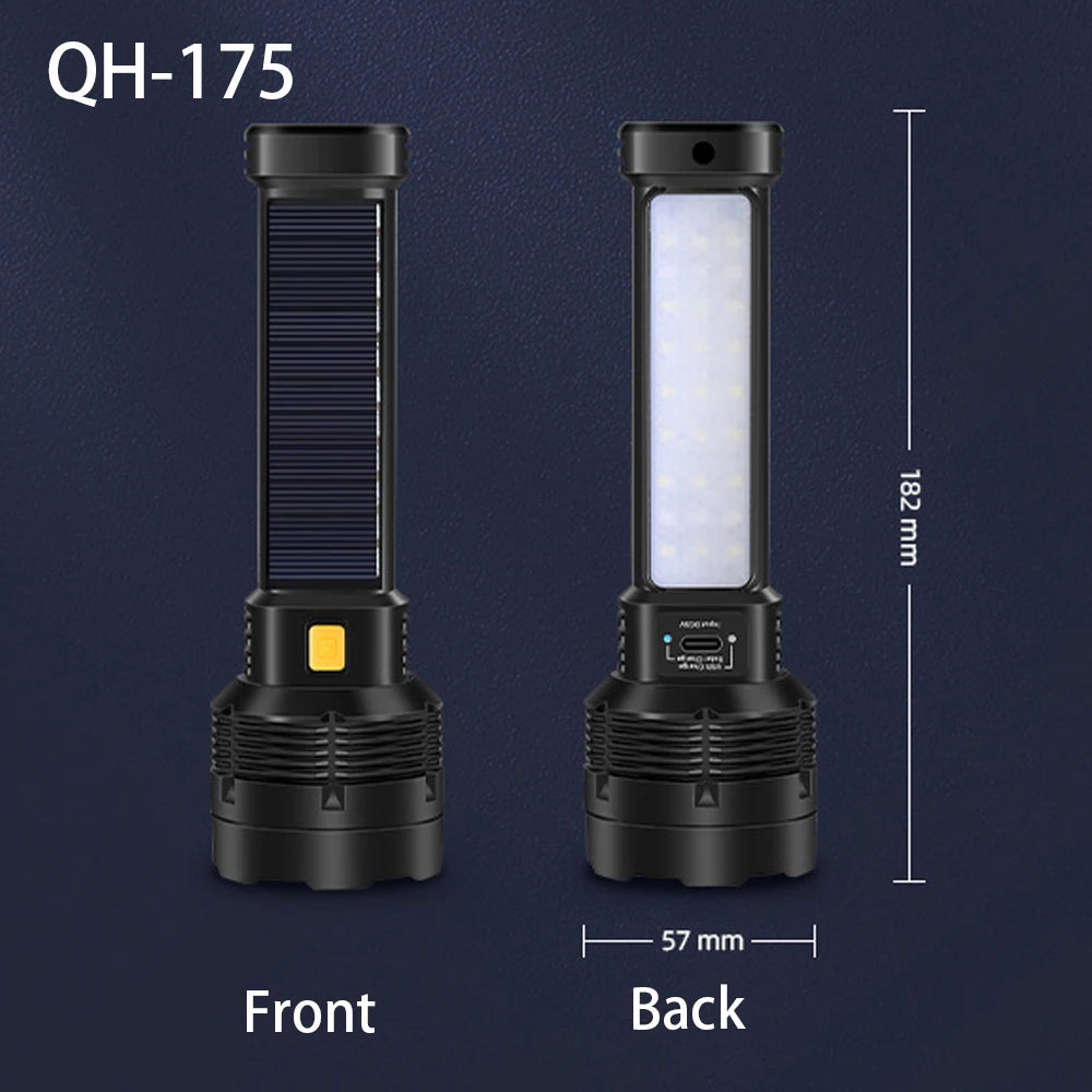 High Power LED Flashlight With Side Light Solar Powered Hand Lantern USB Rechargeable Strong Torch For Outdoor Camping Fishing
