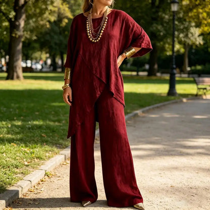 Matching Lounge Sets Women 3/4 Sleeve Top And Wide Leg Pants Cotton Linen 2 Piece Set