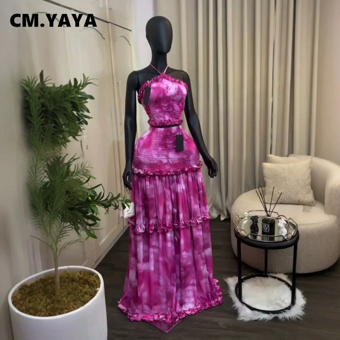 CM.YAYA Women Set Tie Dye Print Sleeveless Halter Crop Tops +Ruffles Long Skirt 2026 Summer Beach Vacation Two Piece Set Outfits