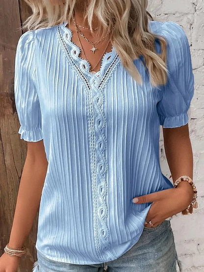 Plus Size Women's Shirt Blouse Yellow-green Violets White Plain Lace Short Sleeve Casual Basic V Neck Regular Pullover White Blo