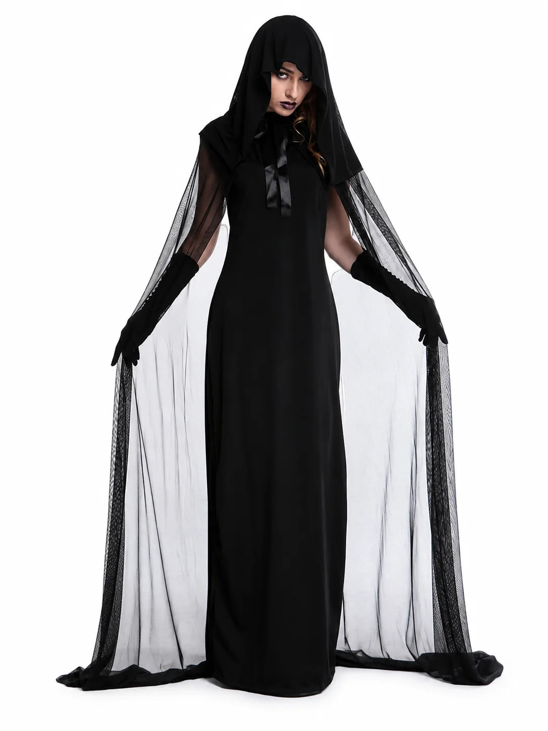 Hooded Sheer Mesh Cape Witch Costume for Women Sleeveless Black Long Maxi Robe with Long Gloves Halloween Ghost Vampire Cosplay Dark Spirit Carnival Fancy Dress Party Outfit