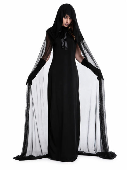 Hooded Sheer Mesh Cape Witch Costume for Women Sleeveless Black Long Maxi Robe with Long Gloves Halloween Ghost Vampire Cosplay Dark Spirit Carnival Fancy Dress Party Outfit
