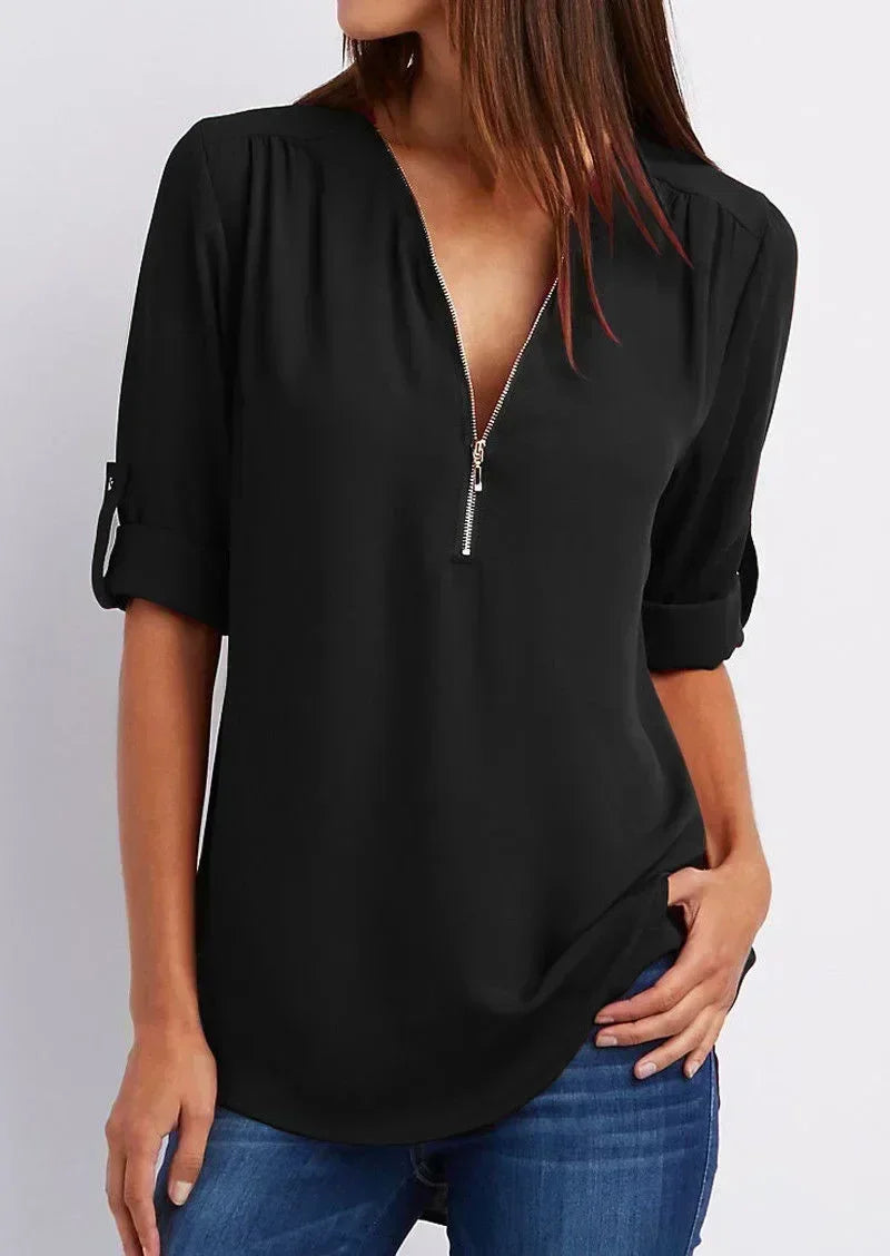 Summer Women Cool Loose Shirt Deep V Neck Chiffon Blouse Casual Ladies Tops Sexy Zipper Pullover Plus Size Long Sleeve Fashion