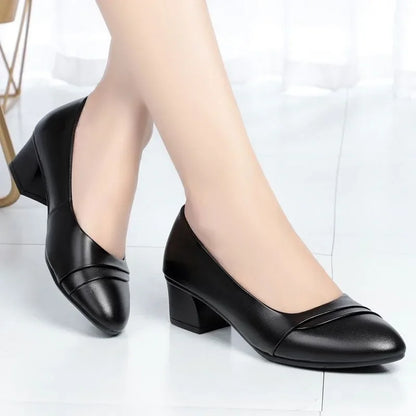 Women Cute Sweet Round Toe Black Pu Leather Spring Slip on Square Heel Shoes Zapatos De Mujer Lady Plus Size Office Pumps B37