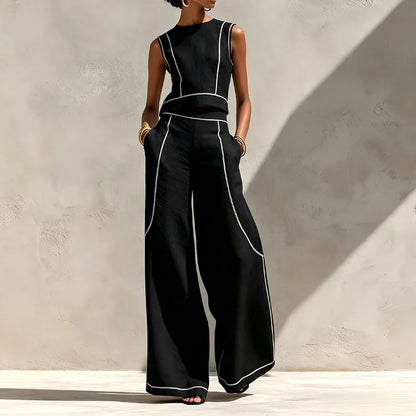 Women Striped Print 2 Piece Set Sleeveless Round Neck Tank Top High Waist Pocket Wide Leg Trousers Suit New Summer Resort Outfit