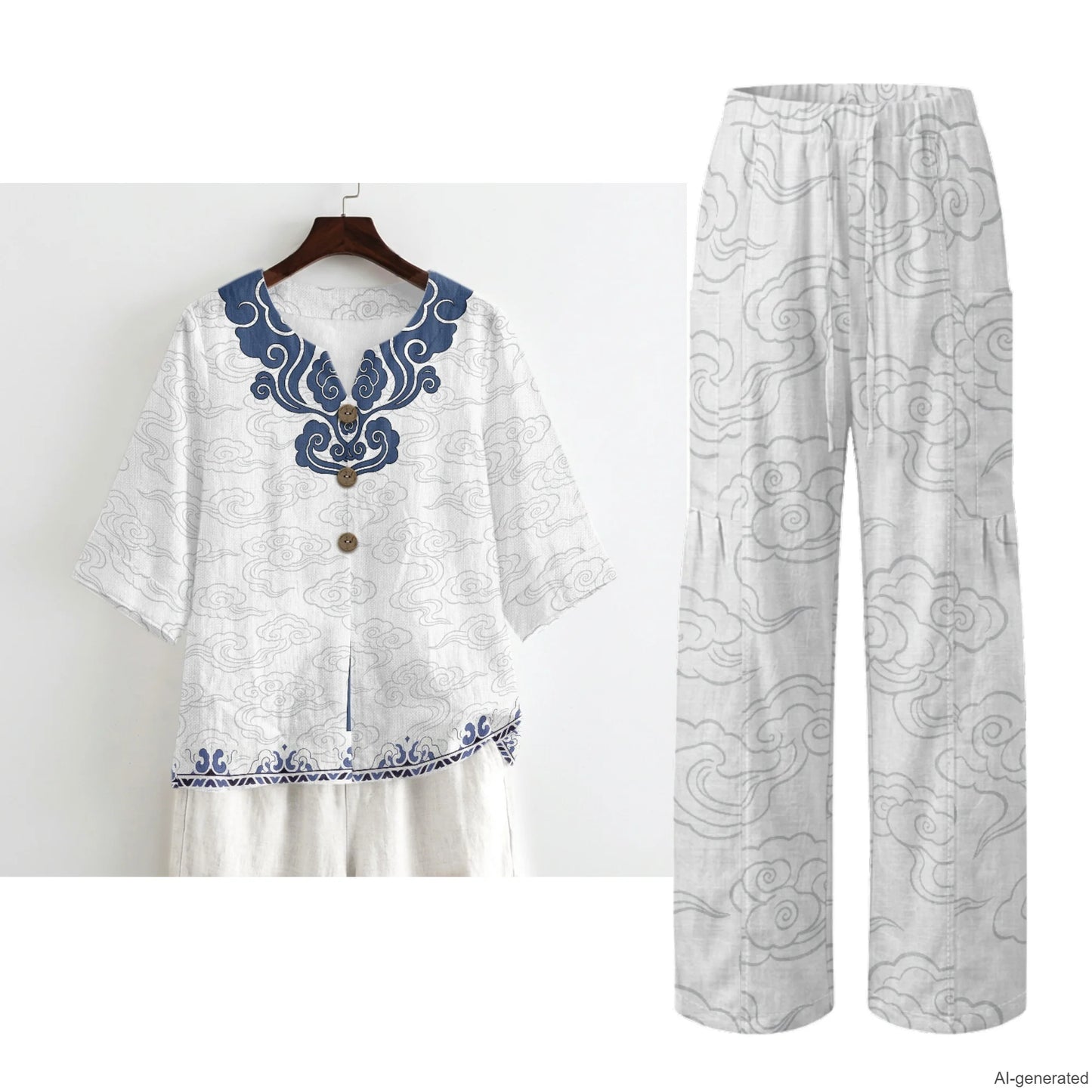 INSTANTARTS Elegant Sets Two Piece Set Linen Shirt Wide-leg Pants Set Wave Set for Woman Linen Pants and Blouse Set S-3XL