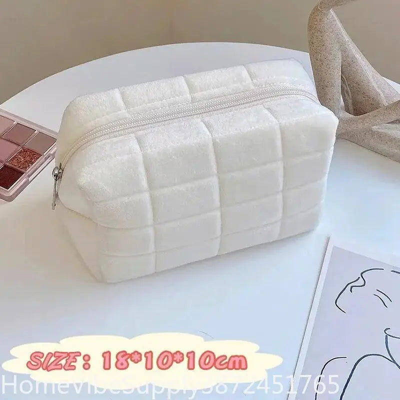 Solid Furry Large Cosmetic Storage Bag Zipper Makeup Organizer Multi‑Purpose Travel Toiletry Pouch Women Handbag Stationery Pencil Case Daily Gift Supply