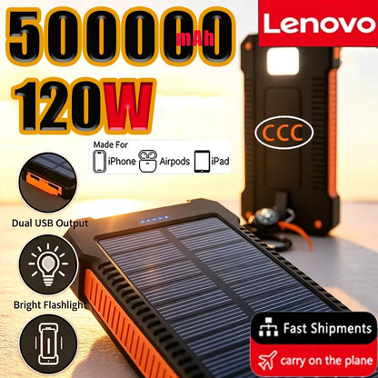 Lenovo CCC 500000mAh Large Capacity Solar Power Bank Super Fast Charging Portable External Battery For iPhone Outdoor Emergency